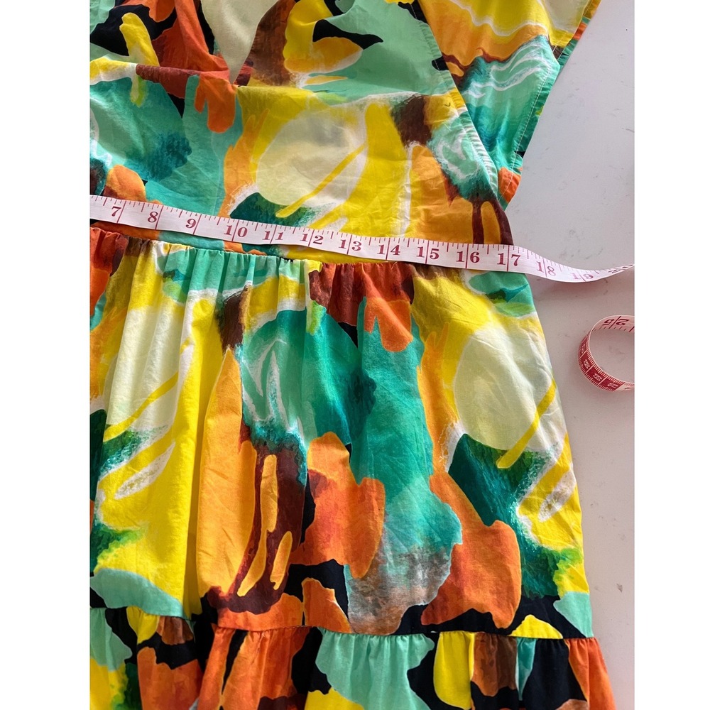 PINCH Floral Tiered Midi Dress Yellow Green Orange Cotton Flutter Sleeve Small - Picture 6 of 10